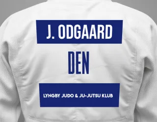 Judo GI with a backnumber showing the name Jakob Kirk Odgaard from Lyngby Judo & Ju-Jutsu Klub
