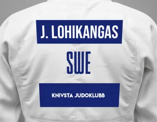 Judo GI with a backnumber showing the name Jakob Lohikangas from Knivsta Judoklubb