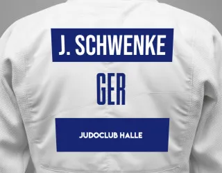 Judo GI with a backnumber showing the name Jakob Schwenke from Judoclub Halle