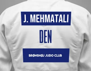 Judo GI with a backnumber showing the name Jakub Mehmatali from Brønshøj Judo Club