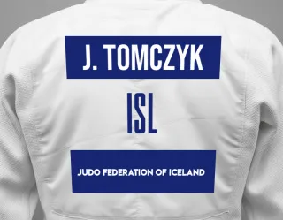 Judo GI with a backnumber showing the name Jakub Tomczyk from Judo Federation Of Iceland