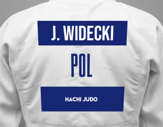 Judo GI with a backnumber showing the name Jakub Widecki from HACHI JUDO