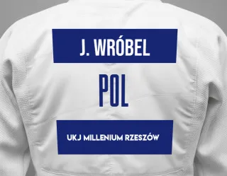 Judo GI with a backnumber showing the name Jakub Wróbel from UKJ Millenium Rzeszów