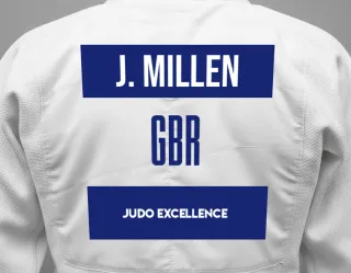 Judo GI with a backnumber showing the name James Millen from Judo Excellence