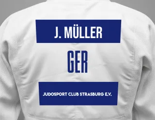 Judo GI with a backnumber showing the name Jamie Müller from Judosport Club Strasburg e.V.