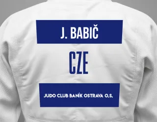 Judo GI with a backnumber showing the name Jan Babič from Judo Club Baník Ostrava o.s.