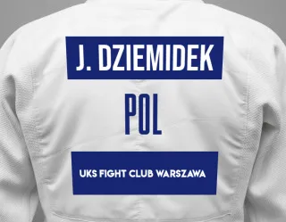 Judo GI with a backnumber showing the name Jan Dziemidek from UKS Fight Club Warszawa