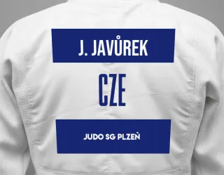 Judo GI with a backnumber showing the name Jan Javůrek from Judo SG Plzeň