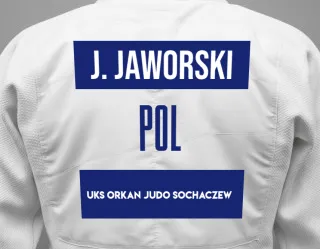 Judo GI with a backnumber showing the name Jan Jaworski from UKS Orkan Judo Sochaczew