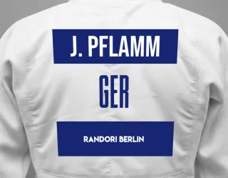 Judo GI with a backnumber showing the name Jan Luca Pflamm from Randori Berlin