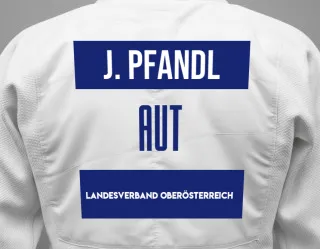 Judo GI with a backnumber showing the name Jan Pfandl from Landesverband Oberösterreich
