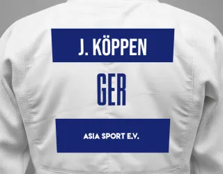 Judo GI with a backnumber showing the name Jane Köppen from ASIA SPORT e.V.