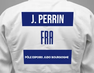 Judo GI with a backnumber showing the name Janelle Perrin from Pôle Espoirs Judo Bourgogne
