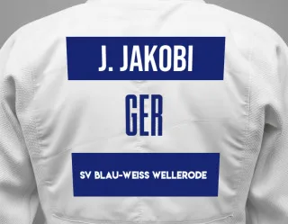 Judo GI with a backnumber showing the name Jannik Jakobi from SV Blau-Weiß Wellerode