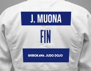 Judo GI with a backnumber showing the name Jarno Muona from Shirokawa Judo dojo