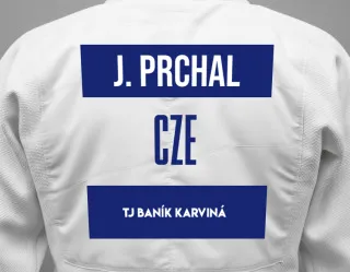 Judo GI with a backnumber showing the name Jaroslav Prchal from TJ BANÍK Karviná