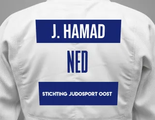 Judo GI with a backnumber showing the name Jasmien Hamad from Stichting Judosport Oost