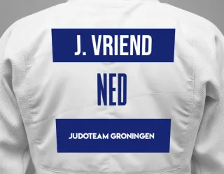 Judo GI with a backnumber showing the name Jasmijn Vriend from Judoteam Groningen