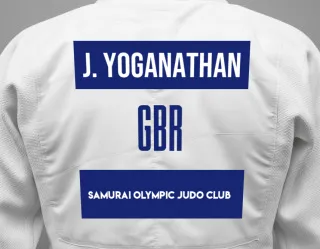 Judo GI with a backnumber showing the name Jasmin Yoganathan from Samurai Olympic Judo Club