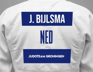 Judo GI with a backnumber showing the name Jason Bijlsma from Judoteam Groningen