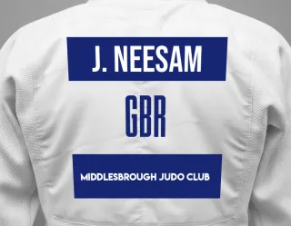 Judo GI with a backnumber showing the name Jay Neesam from Middlesbrough judo club