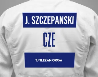 Judo GI with a backnumber showing the name Jedrzej Szczepanski from TJ Slezan Opava