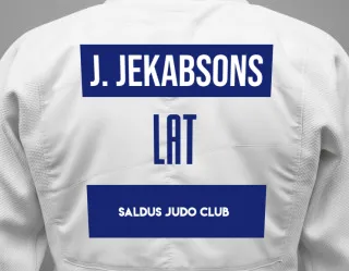 Judo GI with a backnumber showing the name Jekabs Jekabsons from Saldus Judo Club