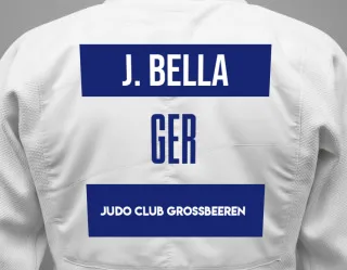 Judo GI with a backnumber showing the name Jekaterina Bella from Judo Club Großbeeren