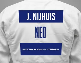 Judo GI with a backnumber showing the name Jelena Nijhuis from Judoteam Haagsma Bijsterbosch