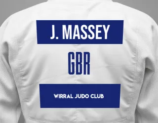 Judo GI with a backnumber showing the name Jenna Massey from Wirral Judo Club