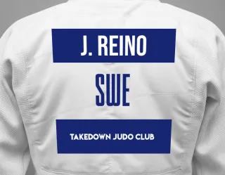Judo GI with a backnumber showing the name Jennifer Reino from TakeDown Judo Club