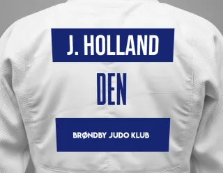 Judo GI with a backnumber showing the name Jeppe Holland from Brøndby Judo Klub