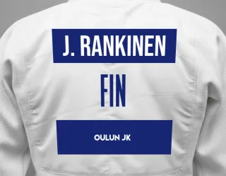 Judo GI with a backnumber showing the name Jere Rankinen from Oulun JK