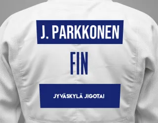 Judo GI with a backnumber showing the name Jeremia Parkkonen from Jyväskylä Jigotai