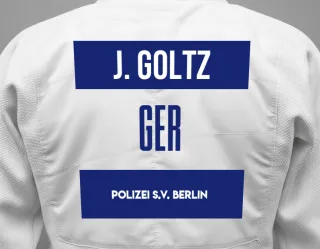 Judo GI with a backnumber showing the name Jerome Goltz from Polizei S.V. Berlin