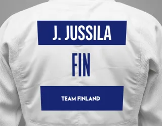 Judo GI with a backnumber showing the name Jesse Jussila from Team Finland