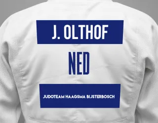 Judo GI with a backnumber showing the name Jesse Olthof from Judoteam Haagsma Bijsterbosch
