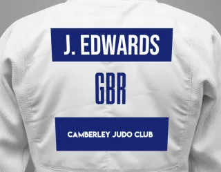 Judo GI with a backnumber showing the name Jessie Edwards from Camberley Judo Club