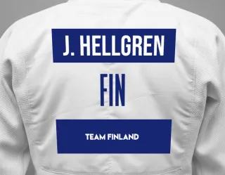 Judo GI with a backnumber showing the name Jessika Hellgren from Team Finland