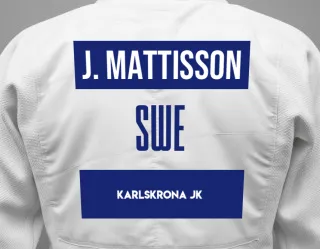 Judo GI with a backnumber showing the name Joakim Mattisson from Karlskrona JK