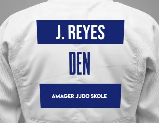 Judo GI with a backnumber showing the name Joanna Rud Reyes from Amager Judo Skole