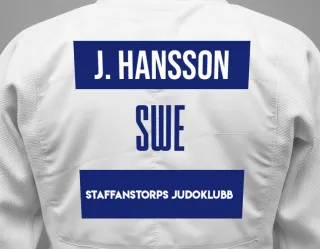 Judo GI with a backnumber showing the name Joar Hansson from Staffanstorps Judoklubb