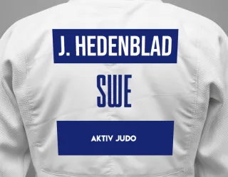 Judo GI with a backnumber showing the name Joel Hedenblad from Aktiv Judo