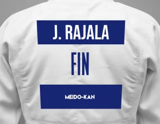 Judo GI with a backnumber showing the name Joel Rajala from Meido-Kan