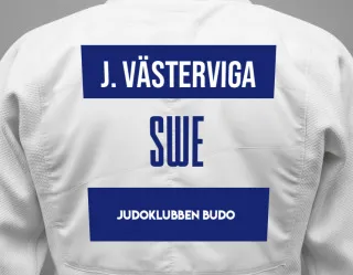 Judo GI with a backnumber showing the name Johan Västerviga from Judoklubben Budo