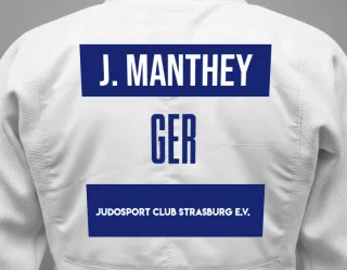 Judo GI with a backnumber showing the name Johanna Manthey from Judosport Club Strasburg e.V.