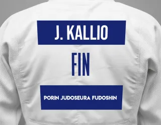 Judo GI with a backnumber showing the name Johannes Kallio from Porin Judoseura Fudoshin
