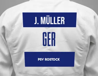Judo GI with a backnumber showing the name Johannes Müller from PSV Rostock
