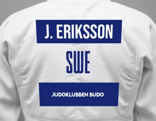 Judo GI with a backnumber showing the name John Eriksson from Judoklubben Budo