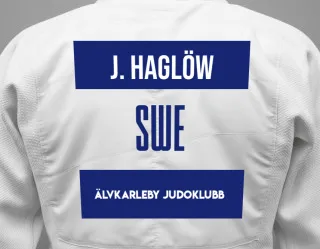 Judo GI with a backnumber showing the name John Haglöw from Älvkarleby Judoklubb